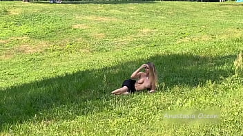 Preview 2 of Giro Muscle - Anastasia Ocean (Emerald Ocean) in the park with bare breasts. Public
