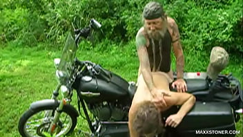 Preview 2 of Jpg4us - &quot_Biker Ride&quot_ - Two horny long haired and bearded wild white men covered in tattoos fuck on a Harley in the woods.