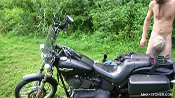 Preview 3 of Jpg4us - &quot_Biker Ride&quot_ - Two horny long haired and bearded wild white men covered in tattoos fuck on a Harley in the woods.