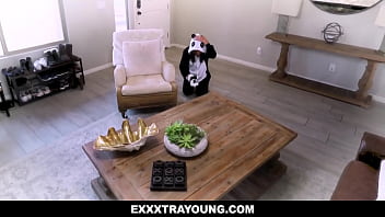 Preview 1 of Son Cash - Petite Zerella Skies in panda onesies got fucked inside the closet,  when she disturbed Quinton James while working.