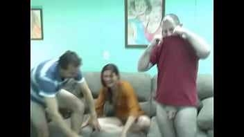 Preview 1 of Natalia Malova - White trollop sucks off pair of older white men on the couch