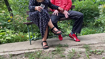Preview 3 of Red Cyan Ass - Hot MILF jerks off a big dick into a glass in the park on a bench