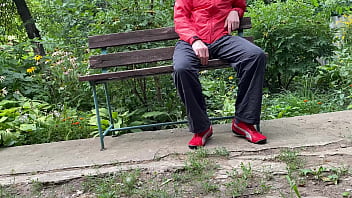 Preview 1 of Red Cyan Ass - Hot MILF jerks off a big dick into a glass in the park on a bench