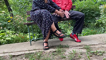 Preview 4 of Red Cyan Ass - Hot MILF jerks off a big dick into a glass in the park on a bench