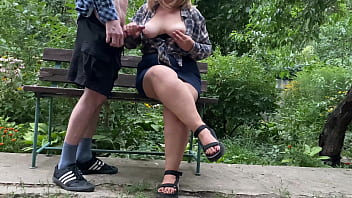 Preview 2 of Mom Sensual Sex - Big cock cumshot on her tits in the park on a bench