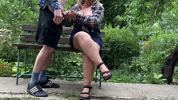 Preview 3 of Mom Sensual Sex - Big cock cumshot on her tits in the park on a bench