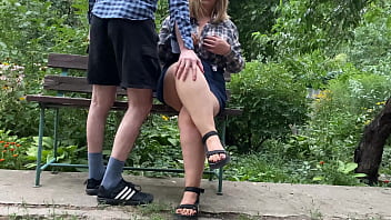 Preview 1 of Mom Sensual Sex - Big cock cumshot on her tits in the park on a bench