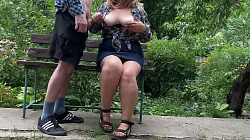 Preview 4 of Mom Sensual Sex - Big cock cumshot on her tits in the park on a bench
