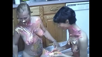 Preview 2 of Saine Nippelle - Older and teens lesbians rub food all over each other on the floor