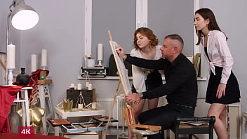 Preview 1 of Humping Little Girls Together - Vivian Grace &amp_ Rebeca Fox - Lucky artist tempted into threeway with ginger and brunette