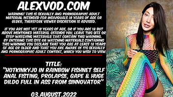 Preview 1 of Skinny Mom Seduce Son - Hotkinkyjo in rainbow fishnet self anal fisting,  prolapse,  gape &amp_ huge dildo full in ass from Sinnovator