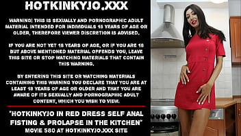 Preview 1 of 2 Giant Cock - Hotkinkyjo in red dress self anal fisting &amp_ prolapse in the kitchen