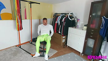 Preview 2 of Naked In Morning - muscle man cums hands free in shiny tights