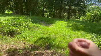 Preview 3 of Bust Boobs - Jerking off behind a man in forest