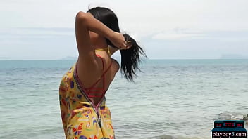 Preview 2 of Indian Sexey Vidio - Big natural tits Thai teen beauty Kahlisa solo striptease on the beach for Playboy