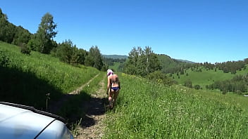 Preview 3 of Penis Torture Milking - Voyeur from the car watching the juicy PAWG in panties. Amateur fetish with spying on a slender milf in a swimsuit outdoors on a public road.
