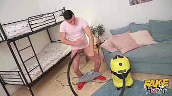 Preview 2 of Lolita Slavs - Fake Hostel - Cock Stuck In A Vacuum Cleaner but help from 18 year old natural horny Rika to release the dick and empty the balls over her pretty face
