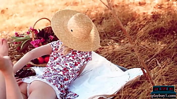 Preview 1 of Japanes Girls Xxx Video Download - Petite Ukrainian teen babe Angel Sway outdoor picnic eating cherries