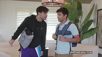 Preview 1 of Son Disabile - Asian milf tutor gags on two studs at home