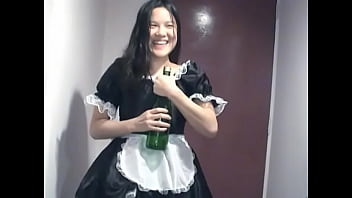 Preview 1 of Mobilekiz Sikishi - Young Asian girl dressed as a maid indulges herself with a bottle of champagne on camera for you