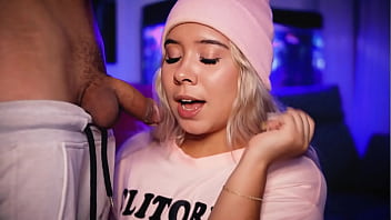 Preview 3 of Tongue Flick Frenulum - Horny blonde calls her neighbor to lend her his cock to broadcast live