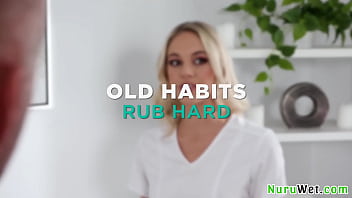 Preview 1 of Horney Collage Girls - Sensual blonde teen masseuse rub her big boobs on her client fully naked during nuru massage - Charles Dera,  Kelsey Kane