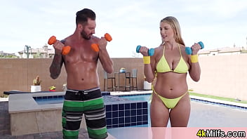 Preview 1 of Brandi Hot Feet - Busty blonde aerobic instructor slut gives a lesson to her newest client