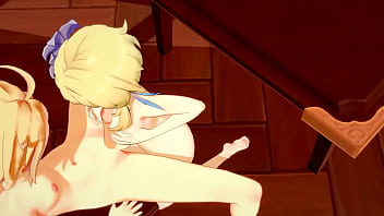 Preview 3 of 3 Some Yoga - Genshin Impact Hentai - Aether and Lumine Handjob and Fucked with creampie in her pussy - Japanese Video Game Porn Animation 3D