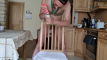 Preview 2 of Juan Do Caballo Loco - A guy in body harness fucks a fleshlight... through the chair bars