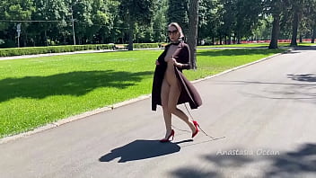 Preview 2 of Denise Davied - Stylish Lady walks naked in park. Public