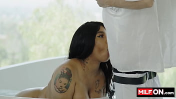 Preview 4 of Chicas Violadas Leche 69 Xxx Hd - Hot big ass brunette with amazing big naturals seduces her friend for a fuck in the bathtub - Paris The Muse,  Ricky Spanish