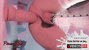 Preview 3 of Casey Chase Auditioning For Porn - Sissy in chasity riding on dildo with sweet moans