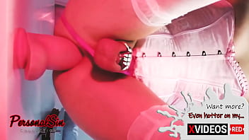 Preview 4 of Casey Chase Auditioning For Porn - Sissy in chasity riding on dildo with sweet moans