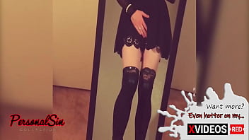 Preview 1 of I Fuck My Dads Gf - Pretty tranny girl masturbating near the mirror with nice cumshot