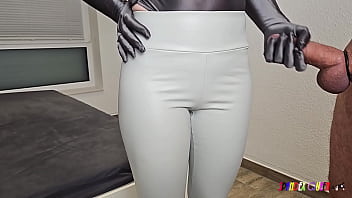 Preview 2 of Sex Daniyal - SpandexQueen comes twice and milks his cum on her white leather leggings   gray spandex body