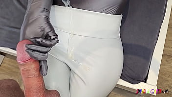 Preview 4 of Sex Daniyal - SpandexQueen comes twice and milks his cum on her white leather leggings   gray spandex body