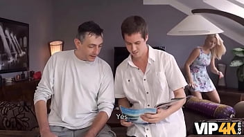 Preview 1 of Blowjob Daring - VIP4K. Classy blonde fucked by BFs stepdad next to relaxed guy