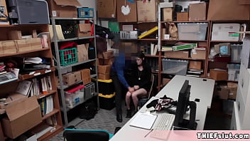 Preview 2 of Spek Hotel - Skinny and petite brunette shoplifter chick caught and now she must sit on the big cock