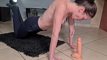 Preview 1 of Andrea Xxx Vedei - skinny slut doing pushups while gagging on a dildo topless