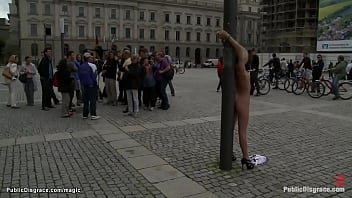 Preview 1 of Condom Viedo - Naked and gagged blonde in public