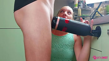 Preview 3 of Qatar Sexy Online - Girl try to simulate a threesome and test an amazing sex toy - male masturbator! Active by Nata Sweet
