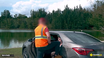 Preview 2 of Span Beeg - Roadside - Blonde Hottie Harper Red Saved By Mechanics&#039_ Big Cock
