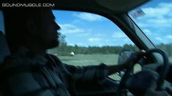 Preview 3 of Pitta And Edge - Muscular cowboy gets tied up to the front of a truck
