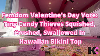 Preview 1 of Dever Bhabhe - Femdom Valentine&#039_s Day Vore: Tiny Candy Thieves Squished,  Crushed,  Swallowed in Hawaiian Bikini Top