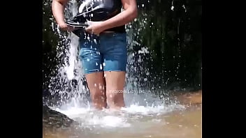 Preview 4 of Suny Levon Xxx Porn - Janaki Risky public outdoors shower in natural waterfall