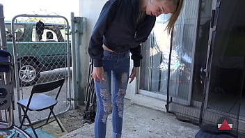 Preview 1 of Bano Algan - Skinny Girl in Tight Jeans Sucks Ice Pop