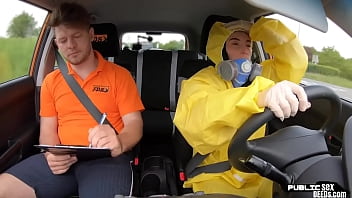 Preview 2 of Milk Scuked Sex - Ballslicking babe fucked outdoor in the car of instructor