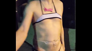 Preview 3 of Dating Stars - Femboy risky walk around sleazy motel in micro bikini