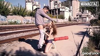 Preview 2 of Mom Secret See Sons Panis - MAMACITAZ - (Alberto Blanco,  Kira Parvati) - Sex In Train Station With Skinny Ukrainian Exhibitionist