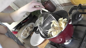 Preview 3 of 17 Varsh Bachi Sex Videeyo - Sexy MILF Frina continues her nude cooking. Without panties and bra high heels in kitchen Milf prepares delicious vegetarian appetizer of pita bread and champignons with sauce. Pussy Ass Big natural tits MILF